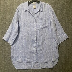 Chicos No Iron Linen Top Womens 3 XL Blue Button Hi Low‎ Shirt Coastal Lagenlook